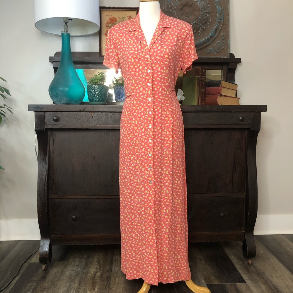 Vintage Coral Floral Maxi Dress